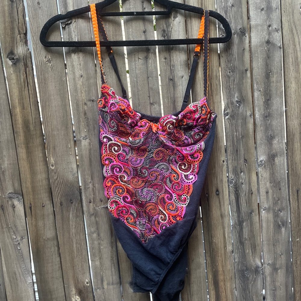 Vintage 70s French Colorful Swirl Pattern Bodysuit